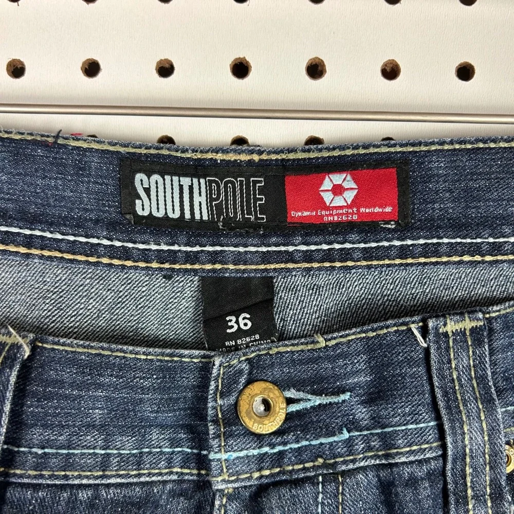Southpole Baggy Jean 36x30 Blue Denim Colorful Stitched Back Pockets Skater RARE